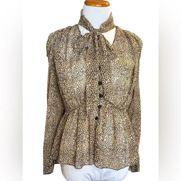 ZARA Sheer Womens Small Leopard Animal Print Scarf Neck Blouse Long Sleeve Shirt - Picture 2 of 7